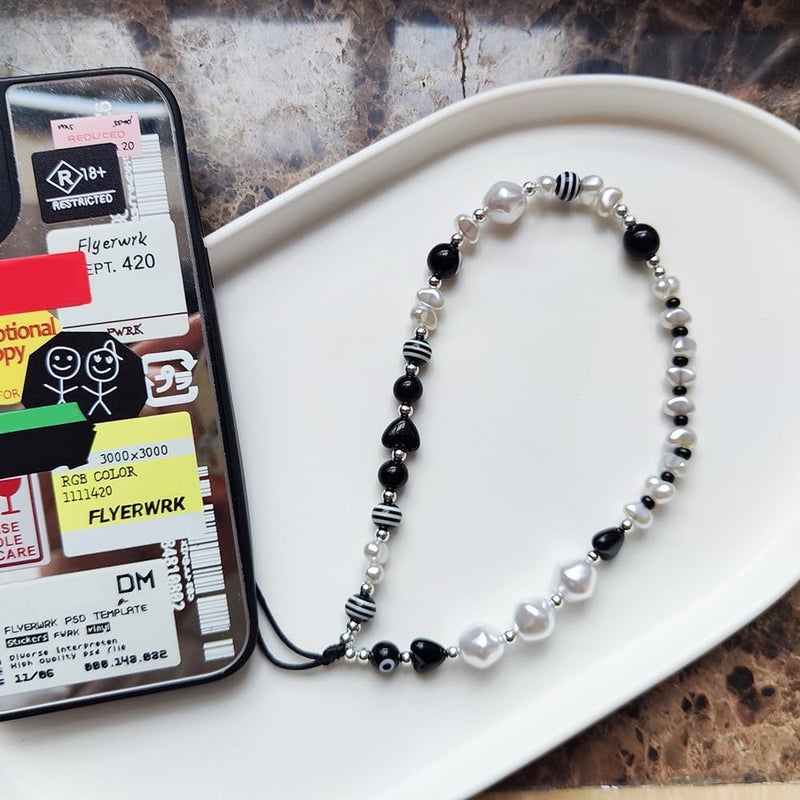 WCCH Beaded Phone Charm Y2K Kawaii Handmade Acrylic Phone Lanyard Wrist Strap for Camera Bag Airpods Keychain Charm Black and White Pearls - Image 4